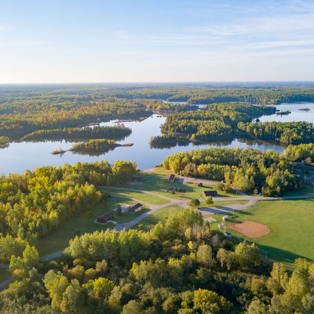 An aerial view of West Two Rivers Campground in Mountain Iron, MN