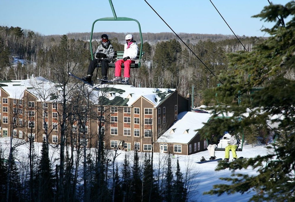 The Lodge at Giants Ridge is a ski resort property in northern Minnesota, seen from the ski hill in winter.