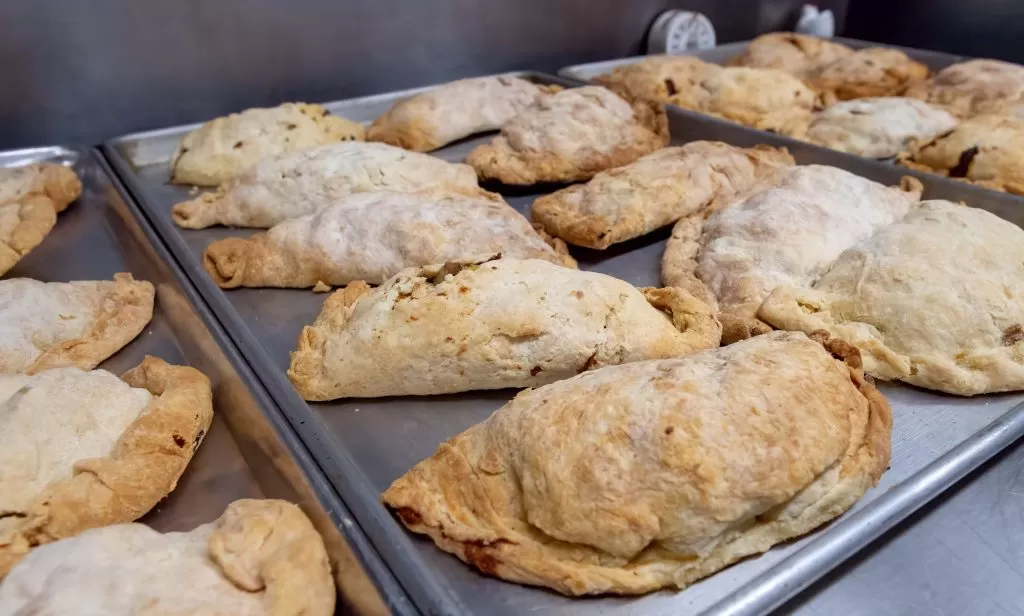 Pasties line serving trays at the annual Iron Range Pasty Festival in Mountain Iron, MN 